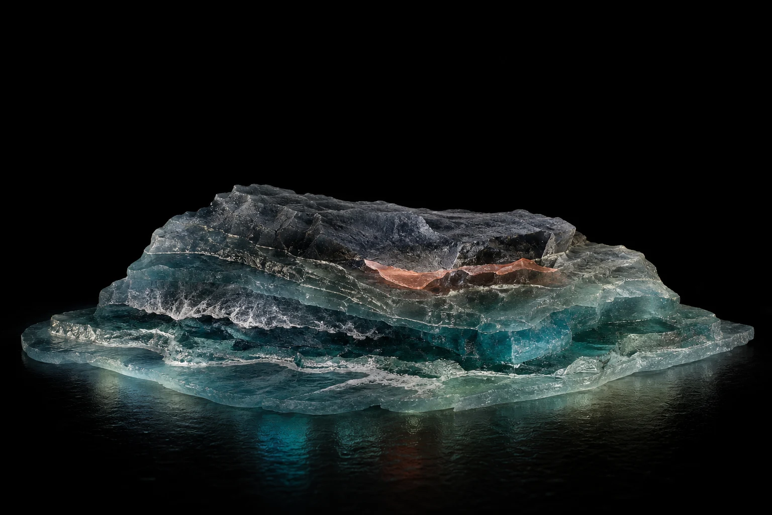 Translucent sculpture of a rocky Irish island shaped by Atlantic waves